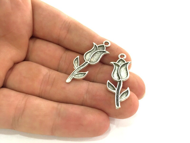 100 Pcs (37x13 Mm) Antique Silver Plated Metal Tulip Charms