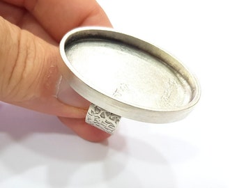 Silver Ring Blank Setting Cabochon Base inlay Ring Backs Mounting Adjustable Ring Base Bezel (40x30mm blank) Antique Silver Plated G15459