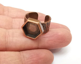 Copper Ring Setting, Cabochon Blank, Resin Bezel, Hexagonal Ring Mounting, Epoxy Frame Base, Adjustable Antique Copper Plated 12mm G35534