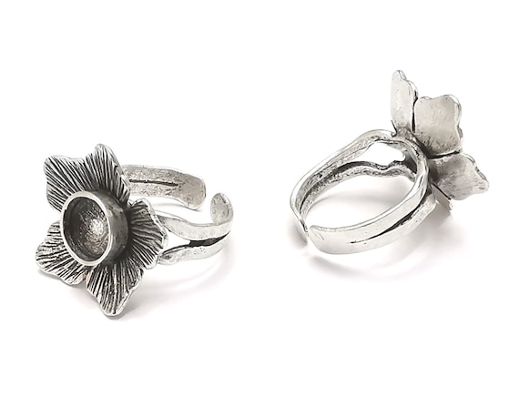 Flower silver ring setting blank cabochon mounting Adjustable ring base bezel Antique Silver Plated Brass  (8mm) G26344