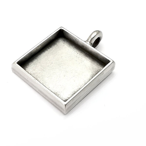 Square Pendant Blanks Resin Bezel Base Mosaic Mountings Antique Silver Plated (30x23mm) (20mm Blank Size)  G28083