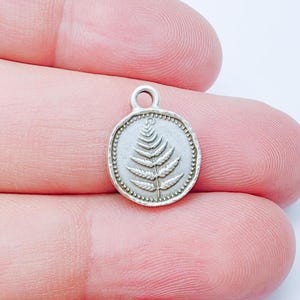 Peut inclure: Un petit pendentif argenté avec un motif de feuille de fougère. Le pendentif rond a une bordure texturée et une boucle pour l'attacher à une chaîne. La feuille de fougère est détaillée et centrée.