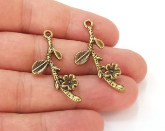 4 Flower branch leaf charms Antique bronze plated charms (38mm)  G25589