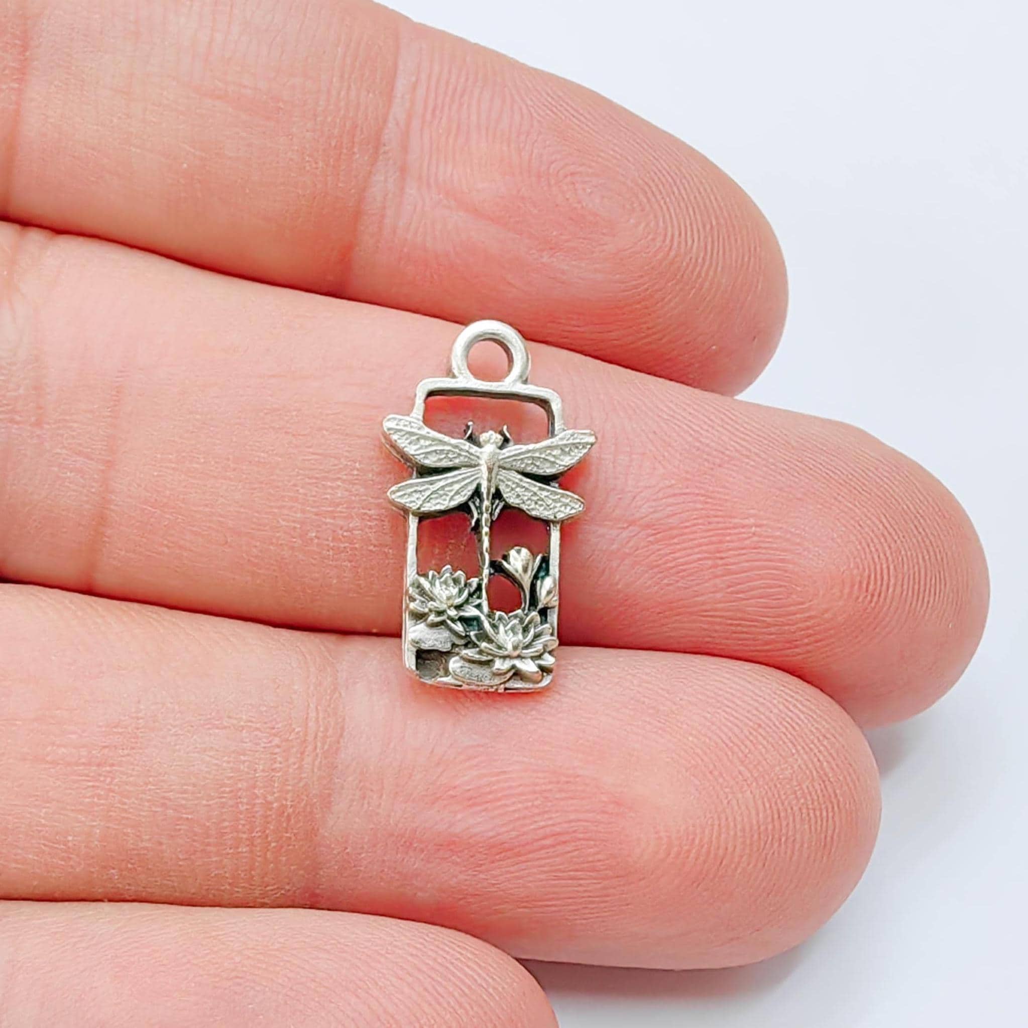 Dragonfly Lotus Pond Charm Pendant, Nature Garden Design, Antique Silver Plated, 20x11mm, G38161