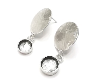 Hammered disc silver dangle earring base wire Antique silver plated brass earring base (38x20mm) G26345