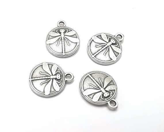 L990 6 Antique Silver Dimensional Double Sided Dragonfly Charms 
