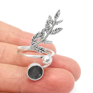 Leaf Branch Silver Ring Setting Blank Cabochon Mounting Adjustable Ring Base Bezel Antique Silver Plated Brass  (8 mm) G13180