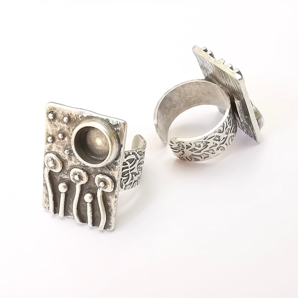 Bloemring blanco instellingen, paddestoelen cabochonbevestiging, verstelbare ring basisring hars, antiekzilveren mozaïek inzetring (8 mm) G28572