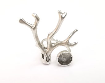 Tree Branch Ring Setting, Cabochon Blank, Resin Bezel, Round Ring Mounting, Epoxy Frame, Adjustable Antique Silver Plated Brass 8mm G35222
