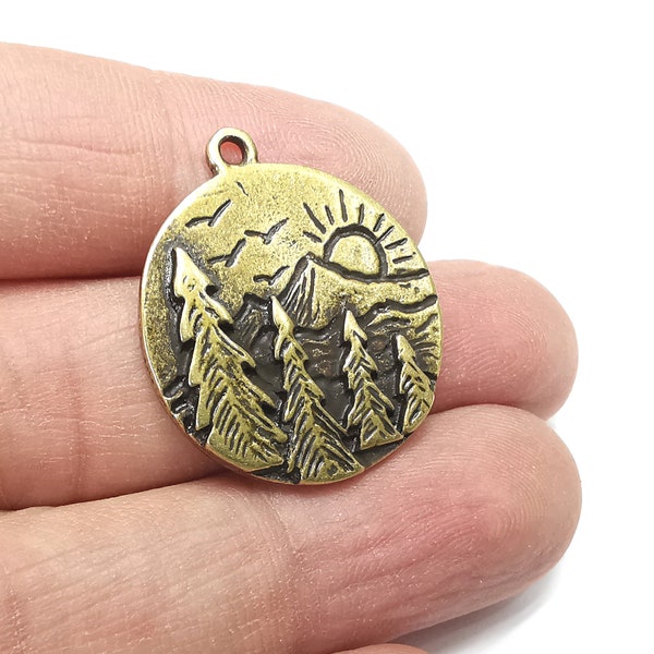 Sun Mountain Tree Landscape Charms Pendant Antique Bronze Plated Charms (30x26mm) G29791