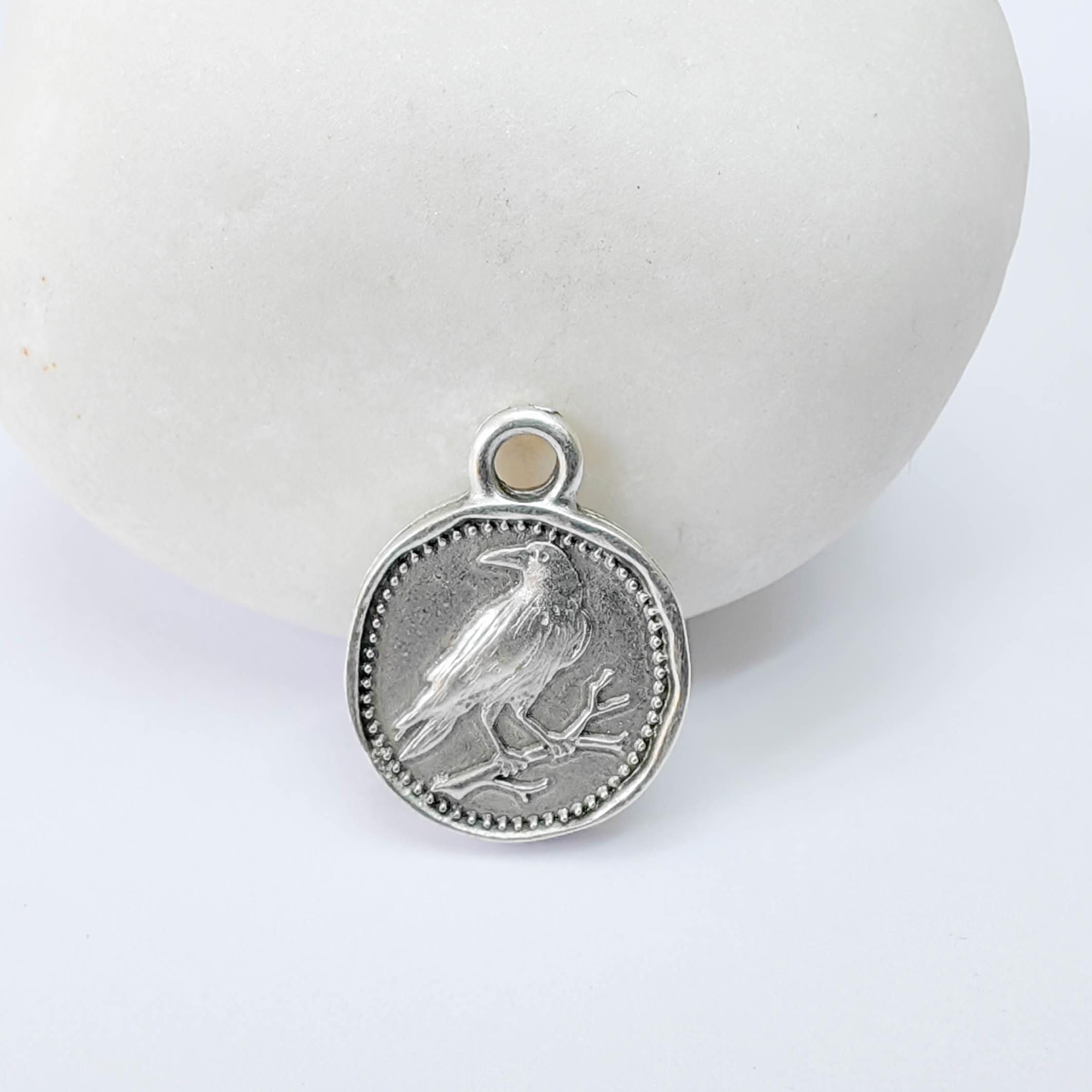 Raven Bird Charm Pendant, Double Sided Animal Design, Antique Silver Plated, 16x13mm, G37932