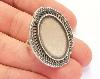 Silver Ring Setting Blank Cabochon Base Ring Mounting Adjustable Ring Base Bezel (25x18mm) Antique Silver Plated  G22054