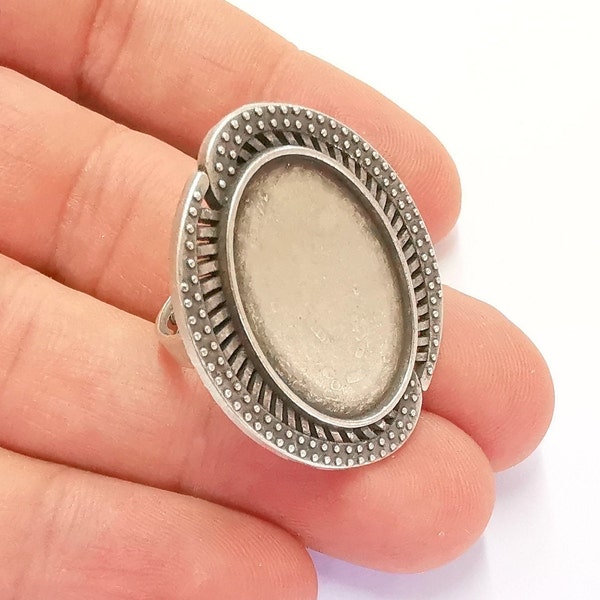 Silver Ring Setting Blank Cabochon Base Ring Mounting Adjustable Ring Base Bezel (25x18mm) Antique Silver Plated  G22054