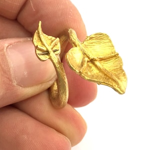 Pode incluir: Um anel dourado com um design de folha. O anel é feito de metal e tem um acabamento texturizado.