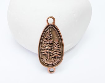 Pine Tree Forest Connector Charms, Nature Pendant Boho Earring Charms, Dangle Necklace Part, Antique Copper Plated Zamac 30x14mm G37261