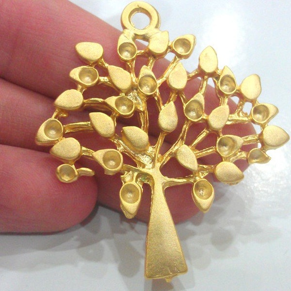 2 Gold Pendant Tree Pendant, Gold Plated Metal  (50x42 mm)   G9568