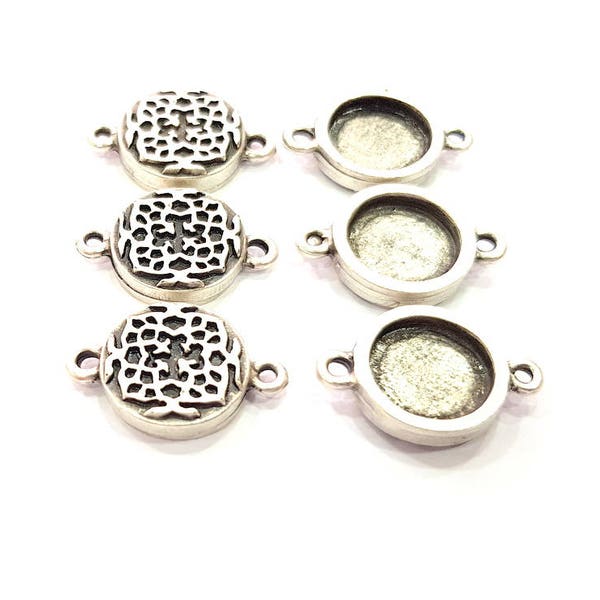 6 Silver Connector Pendant Blank Bezel Base Setting inlay Blank Earring Base Resin Mountings Antique Silver Plated (12 mm blank)  G11979