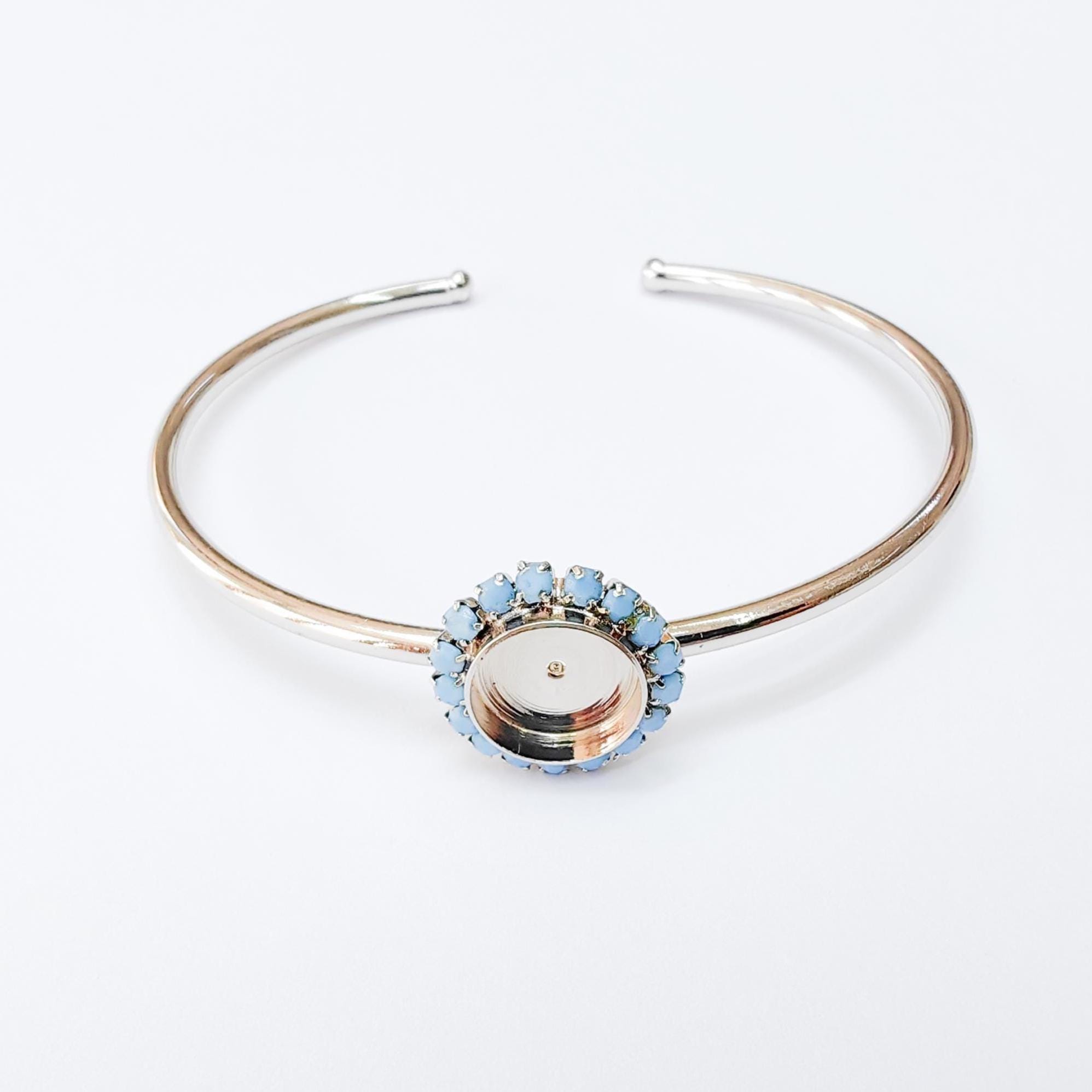 ターコイズブルークリスタルバングルブレスレット、光沢のあるシルバー