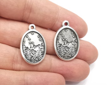 Winter Mountain Landscape Pine Tree Oval Pendant Charms Antique Silver Plated Charms (28x18mm) G26599