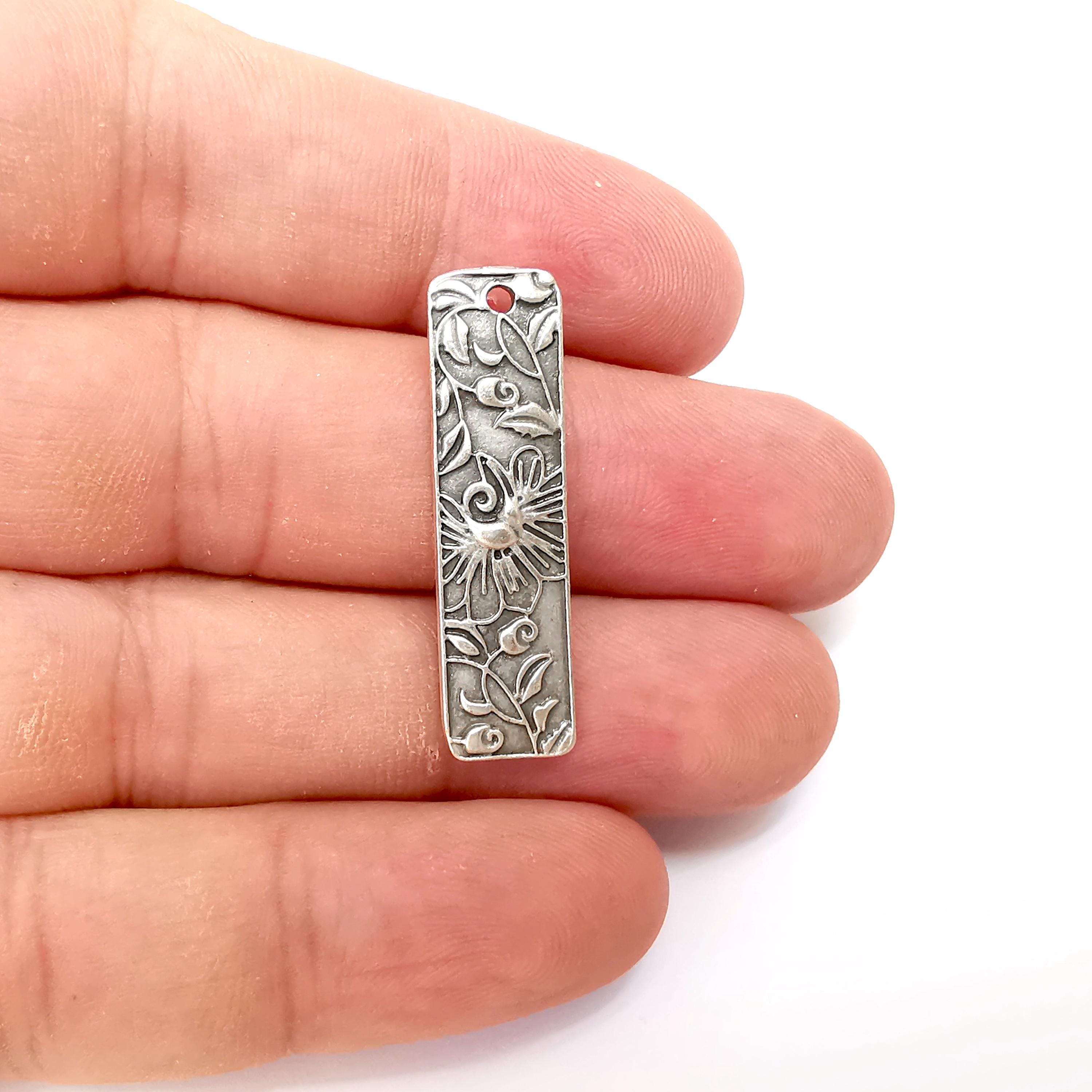 Flower Charms, Silver Nature Charms, Boho Charms, Earring Charms, Silver Pendant, Necklace Parts, Antique Silver Plated 35x10mm G36278