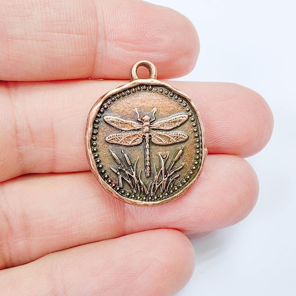 Dragonfly Charm Pendant, Double Sided Nature Design, Botanical Medallion, 28x24mm, Antique Copper  Plated G37909