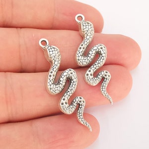 May include: Two silver snake charms with a textured surface. The charms are in the shape of a snake with its head raised and its body curled.