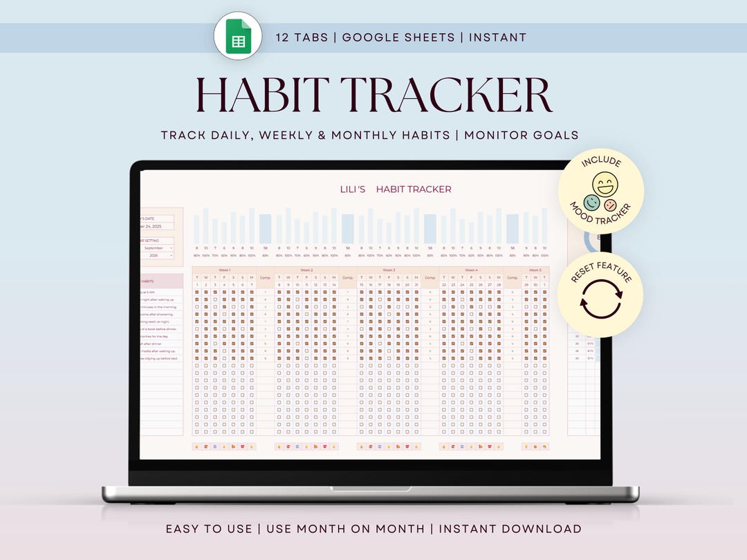 Daily Habit Tracker Spreadsheet Google Sheets 2026 Weekly Planner ...