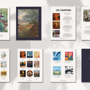 Puede incluir: Una colecci&oacute;n de 16 pinturas al &oacute;leo mostradas en formato de cuadr&iacute;cula. Las pinturas presentan una variedad de temas, que incluyen paisajes, retratos y arte abstracto. Las pinturas est&aacute;n enmarcadas en marcos negros simples.