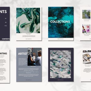 Puede incluir: Una portada de revista digital con la palabra "CONTENTS" en texto blanco sobre un fondo azul oscuro. La revista presenta una variedad de pinturas abstractas, de acuarela y al &oacute;leo.