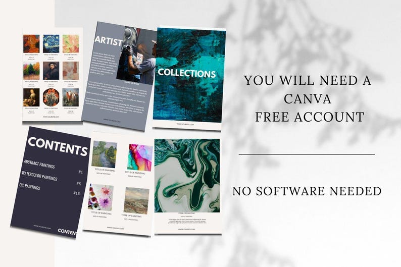 Puede incluir: Un conjunto de plantillas de arte digital imprimibles para crear impresiones de arte personalizadas. Las plantillas presentan una variedad de pinturas abstractas, de acuarela y al &oacute;leo. El texto "CONTENTS" es visible en la parte superior de una de las plantillas. El texto "YOU WILL NEED A CANVA FREE ACCOUNT" es visible en la parte inferior de la imagen. El texto "NO SOFTWARE NEEDED" es visible en la parte inferior de la imagen.