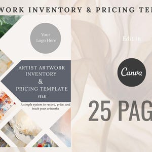 May include: A digital template for artists to manage artwork inventory and pricing. The design features a light background with abstract art samples, a logo placeholder, and the text "ARTIST ARTWORK INVENTORY & PRICING TEMPLATE" and "25 PAGES".