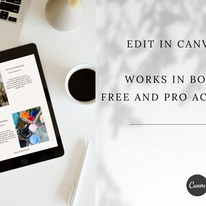 Puede incluir: Una pantalla de tableta que muestra un documento digital con el t&iacute;tulo "Style of Printing" y dos im&aacute;genes. El texto "Edit in Canva" y "Works in both Free and Pro Account" se muestra en un fondo blanco con sombras.