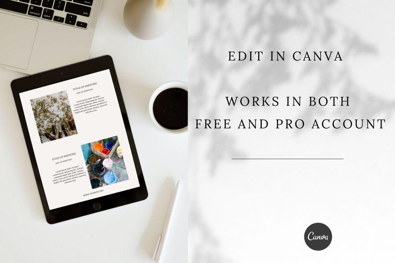Puede incluir: Una pantalla de tableta que muestra un documento digital con el t&iacute;tulo "Style of Printing" y dos im&aacute;genes. El texto "Edit in Canva" y "Works in both Free and Pro Account" se muestra en un fondo blanco con sombras.