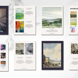Puede incluir: Un folleto para un negocio de arte que presenta una variedad de pinturas de acuarela. El folleto incluye im&aacute;genes de paisajes, paisajes marinos y arte abstracto. El texto del folleto incluye el t&iacute;tulo "Pintura de acuarela" y el nombre del negocio "ART".