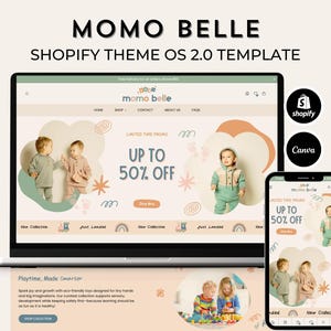 Puede incluir: Un ordenador portátil que muestra un sitio web para una tienda de ropa para niños llamada Momo Belle. El sitio web presenta una venta con el texto "Hasta un 50% de descuento". El sitio web también presenta una foto de dos niños que visten ropa de la tienda.