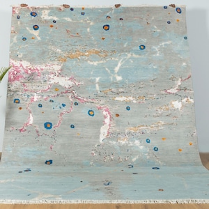 8x10 Hand Knotted Wool Silk Rug: Abstract Colorful Turkish Style