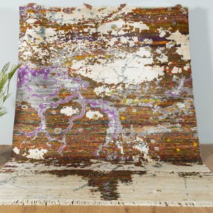 Hand Knotted Wool Silk Rug: Vintage Turkish Oushak Style