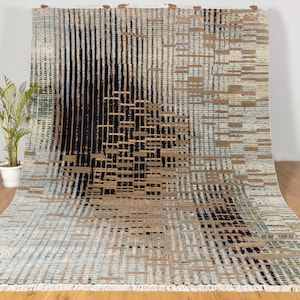 9x12 Modern Dining Rugs | Brown Grey Abstract Galaxy Design Rug | Hand Knotted Modern Classic Premium Turkish Vintage Area Sustainable Rug