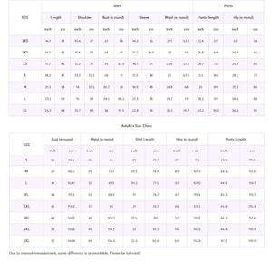 May include: A detailed size chart for kids and adults, displaying measurements in inches and centimeters. The chart includes sizes, lengths, shoulders, bust, sleeve, waist, pants length, and hip measurements. Text at the bottom states, "Due to manual measurement, some difference is unavoidable."