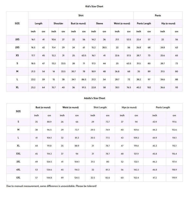 May include: A detailed size chart for kids and adults, displaying measurements in inches and centimeters. The chart includes sizes, lengths, shoulders, bust, sleeve, waist, pants length, and hip measurements. Text at the bottom states, "Due to manual measurement, some difference is unavoidable."