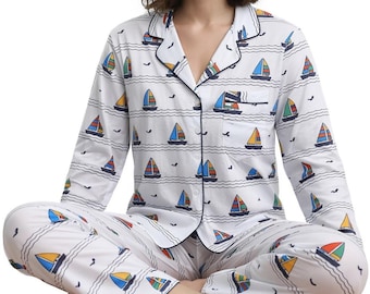 Satin Sleepwear  with Sailboats Design – Coastal-Inspired Lightweight Pajamas with Piping &Pocket