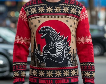 Ugly Christmas Sweater Japanese Monster Godzilla Sweater Featuring Skyline, Snowflakes, and Festive Borders