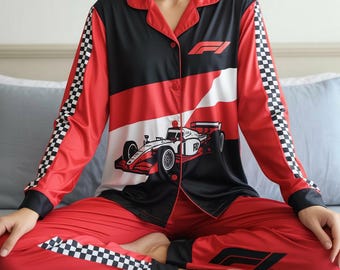 F1 Racing Theme Satin Pajamas for Men and Women –   PJs with Piping, No Pocket