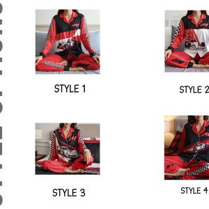 May include: Four styles of red and black pajama sets are displayed. Each set features a racing car design. The pajamas have long sleeves and pants. The sleeves and pant cuffs have a checkered pattern. The text "STYLE OPTIONS" is on the left side of the image.