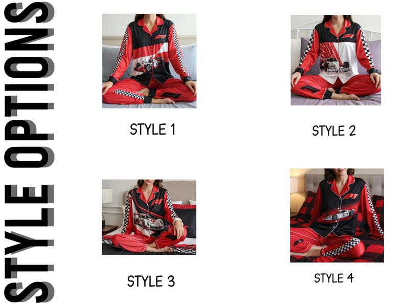 May include: Four styles of red and black pajama sets are displayed. Each set features a racing car design. The pajamas have long sleeves and pants. The sleeves and pant cuffs have a checkered pattern. The text "STYLE OPTIONS" is on the left side of the image.