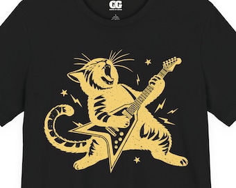 Camiseta divertida con guitarra de gato rockero, regalo para amantes de la música