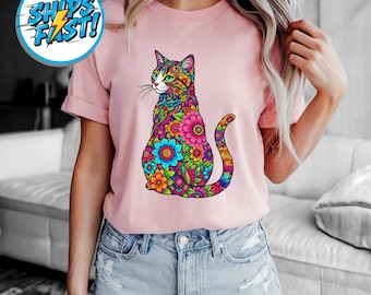 Floral Cat Graphic T-Shirt, Cottagecore Cat Lover Gift
