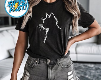 Minimalist Cat Line Art Shirt, Soft Bella+Canvas Tee