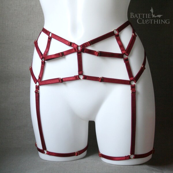 Eretria harness garter belt in red wine satin elastic, goth warrior lingerie cage suspender belt