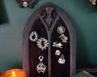 Gothic arched window pin board, Gothic home decor, enamel pin badge display.